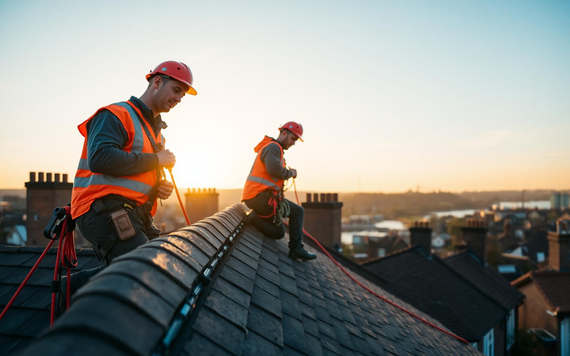 Roofers South Wales team working on a pitched slate roof at sunset
